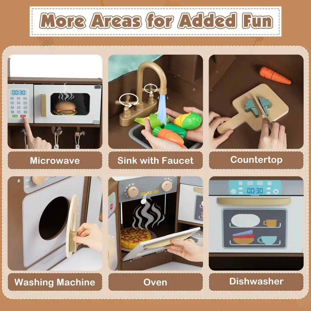 Corner Kitchen Toys with Lights and Sounds with Pull-out Trash Can and Stoves-Coffee - Coffee - Play Kitchen Sets