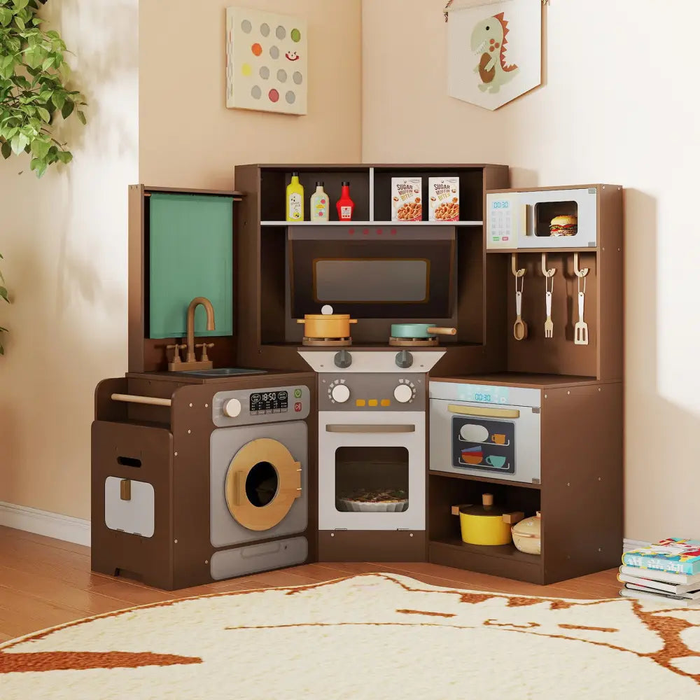 Corner Kitchen Toys with Lights and Sounds with Pull-out Trash Can and Stoves-Coffee - Coffee - Play Kitchen Sets