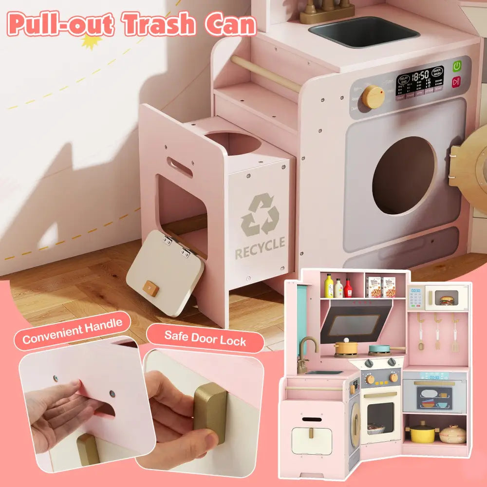 Corner Kitchen Toys with Lights and Sounds with Pull-out Trash Can and Stoves-Pink - Pink - Play Kitchen Sets
