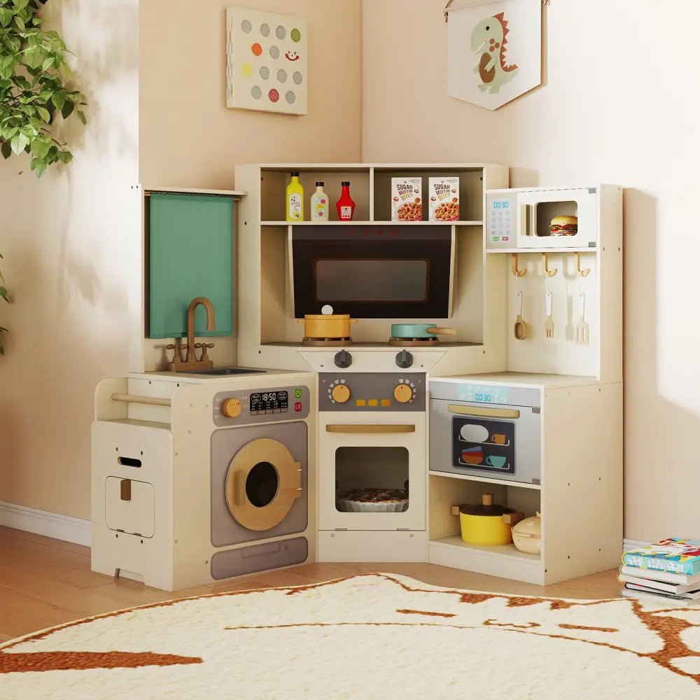 Corner Kitchen Toys with Lights and Sounds with Pull-out Trash Can and Stoves-Off White - Off White - Play Kitchen Sets