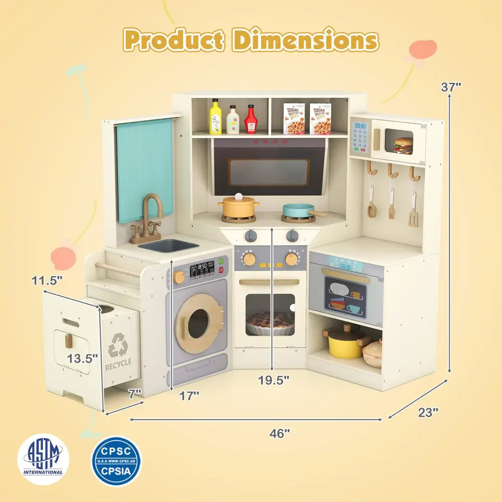 Corner Kitchen Toys with Lights and Sounds with Pull-out Trash Can and Stoves-Off White - Off White - Play Kitchen Sets