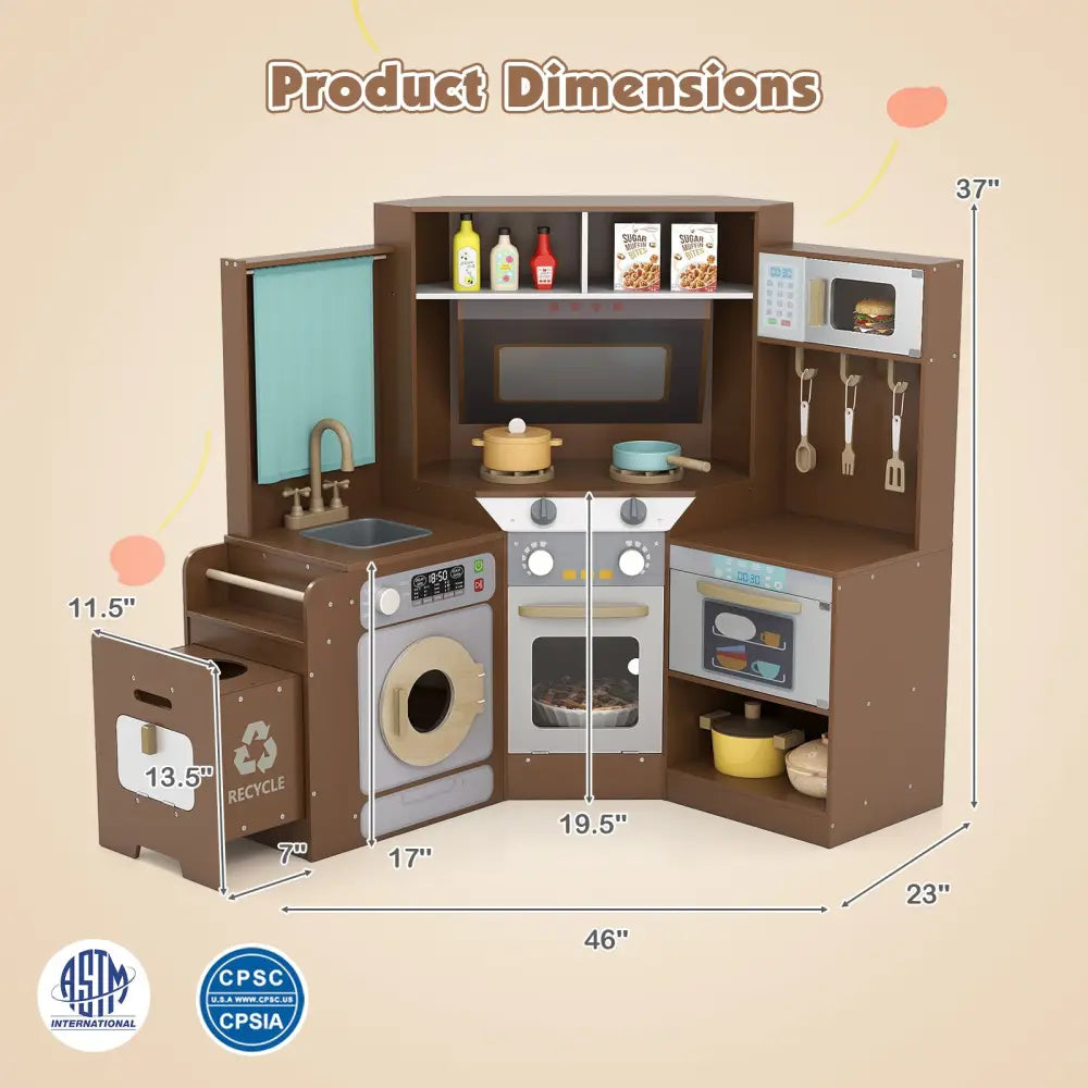 Corner Kitchen Toys with Lights and Sounds with Pull-out Trash Can and Stoves-Coffee - Coffee - Play Kitchen Sets