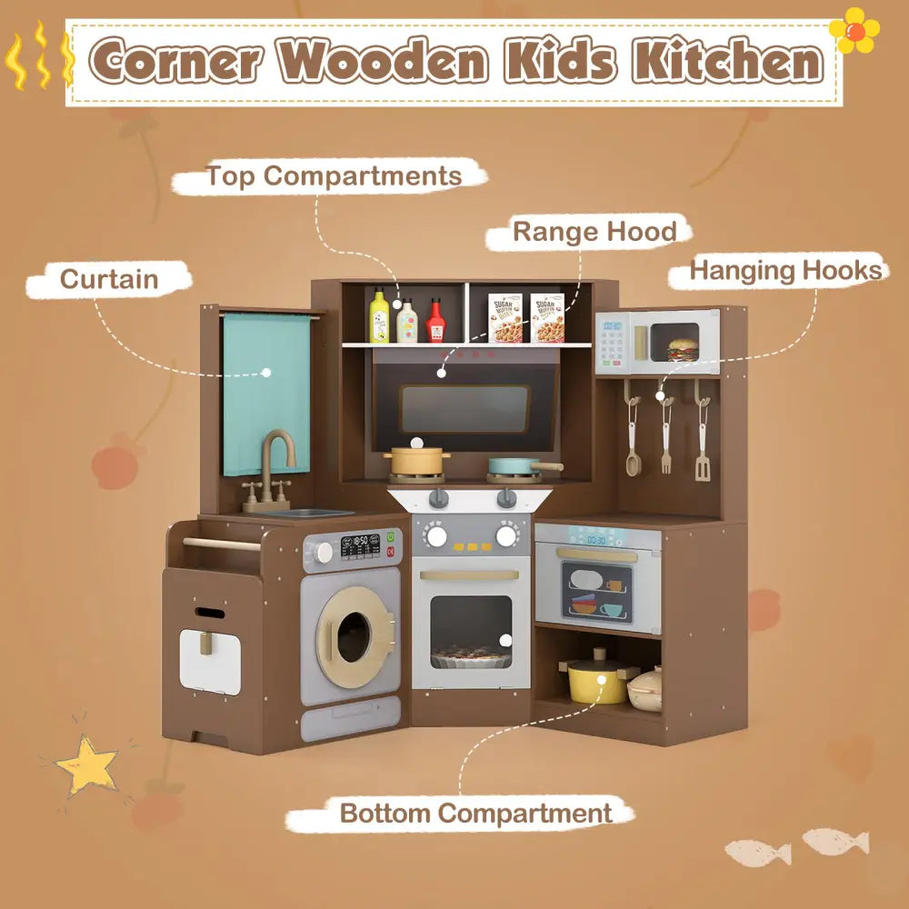 Corner Kitchen Toys with Lights and Sounds with Pull-out Trash Can and Stoves-Coffee - Coffee - Play Kitchen Sets