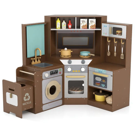 Corner Kitchen Toys with Lights and Sounds with Pull - out Trash Can and Stoves - Coffee - Oasis Home Essentials
