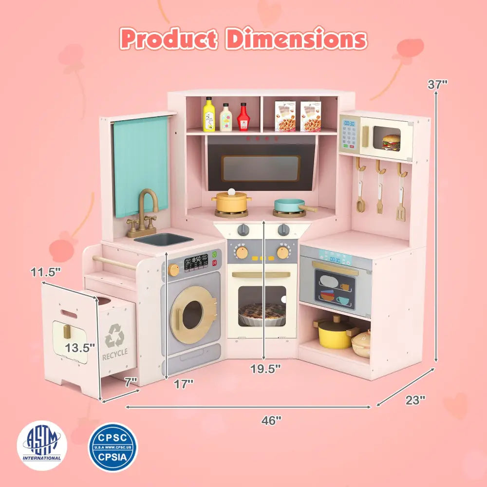 Corner Kitchen Toys with Lights and Sounds with Pull-out Trash Can and Stoves-Pink - Pink - Play Kitchen Sets