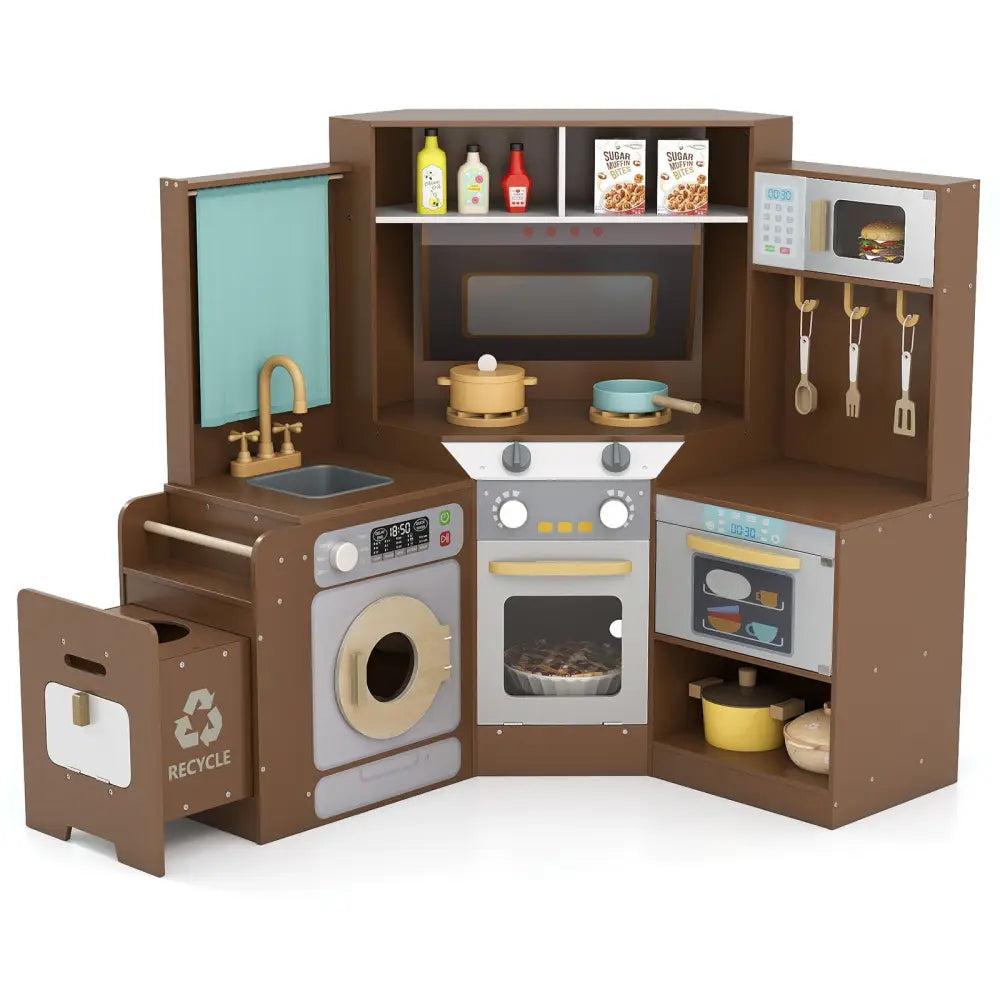 Corner Kitchen Toys with Lights and Sounds with Pull-out Trash Can and Stoves-Coffee - Coffee - Play Kitchen Sets