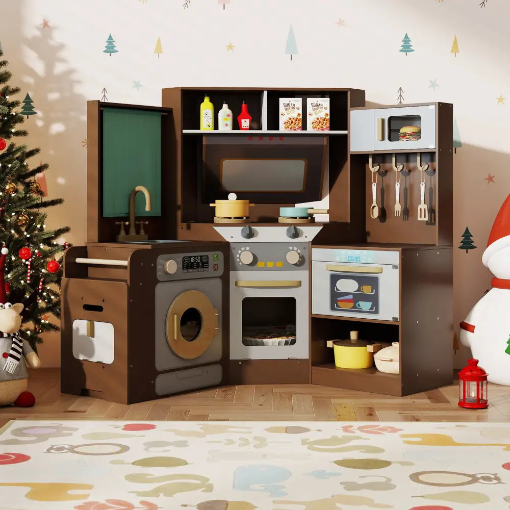 Corner Kitchen Toys with Lights and Sounds with Pull-out Trash Can and Stoves-Coffee - Coffee - Play Kitchen Sets