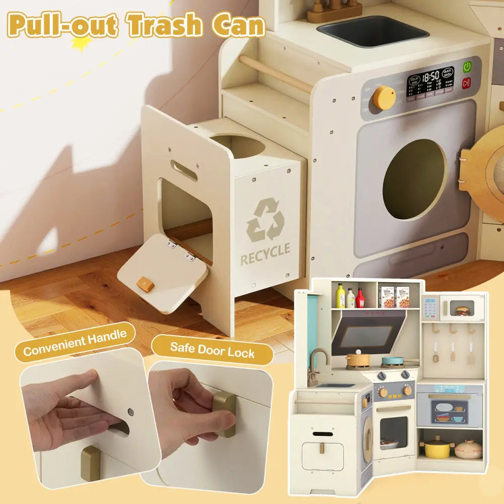 Corner Kitchen Toys with Lights and Sounds with Pull-out Trash Can and Stoves-Off White - Off White - Play Kitchen Sets