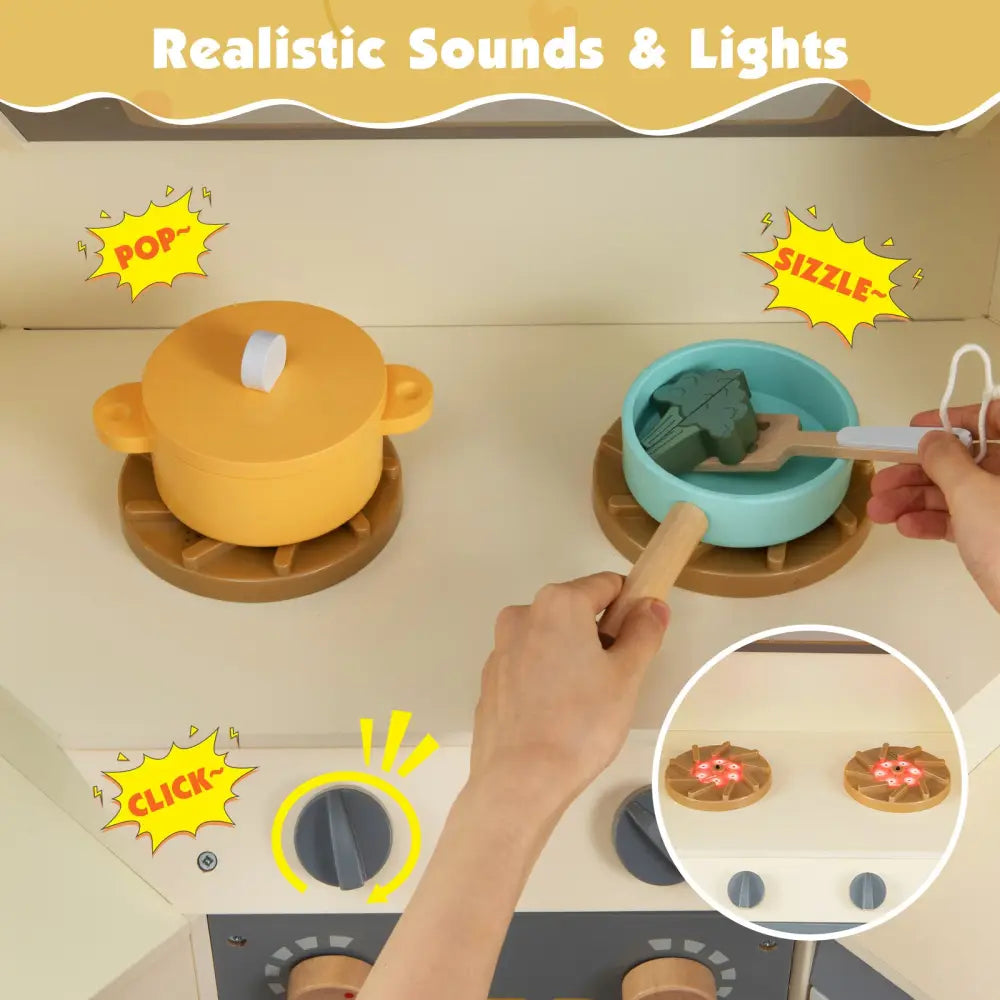 Corner Kitchen Toys with Lights and Sounds with Pull-out Trash Can and Stoves-Off White - Off White - Play Kitchen Sets