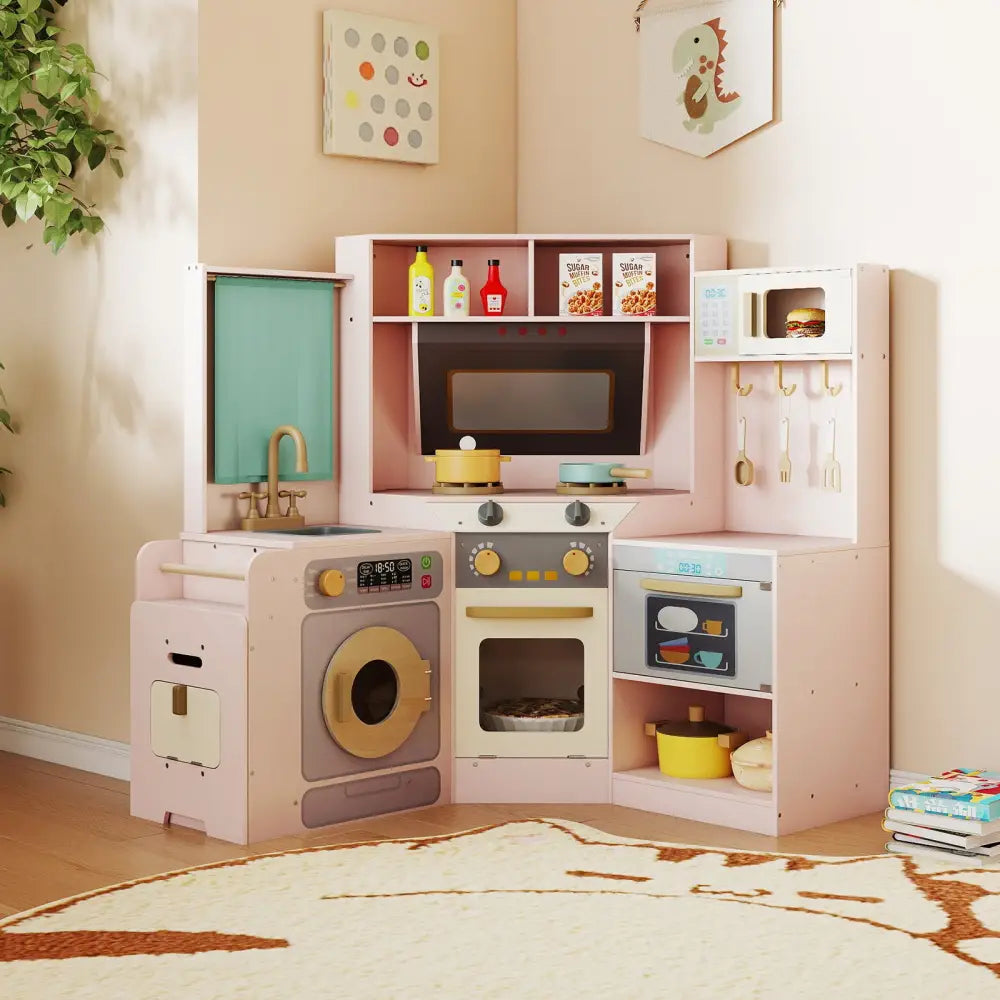 Corner Kitchen Toys with Lights and Sounds with Pull-out Trash Can and Stoves-Pink - Pink - Play Kitchen Sets