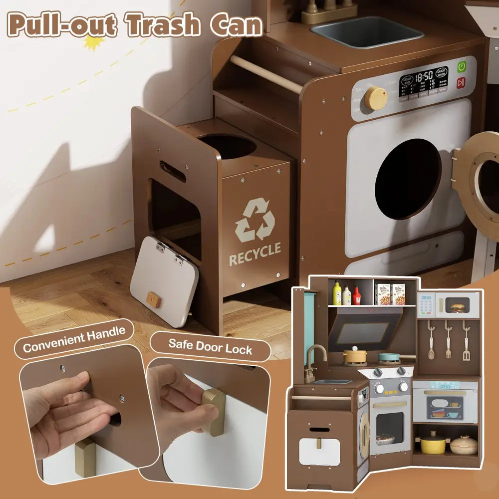 Corner Kitchen Toys with Lights and Sounds with Pull-out Trash Can and Stoves-Coffee - Coffee - Play Kitchen Sets