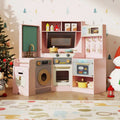 Corner Kitchen Toys with Lights and Sounds with Pull-out Trash Can and Stoves-Pink - Pink - Play Kitchen Sets