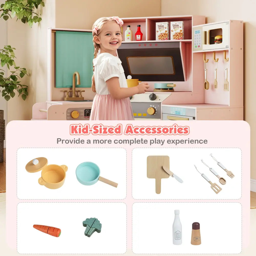 Corner Kitchen Toys with Lights and Sounds with Pull-out Trash Can and Stoves-Pink - Pink - Play Kitchen Sets