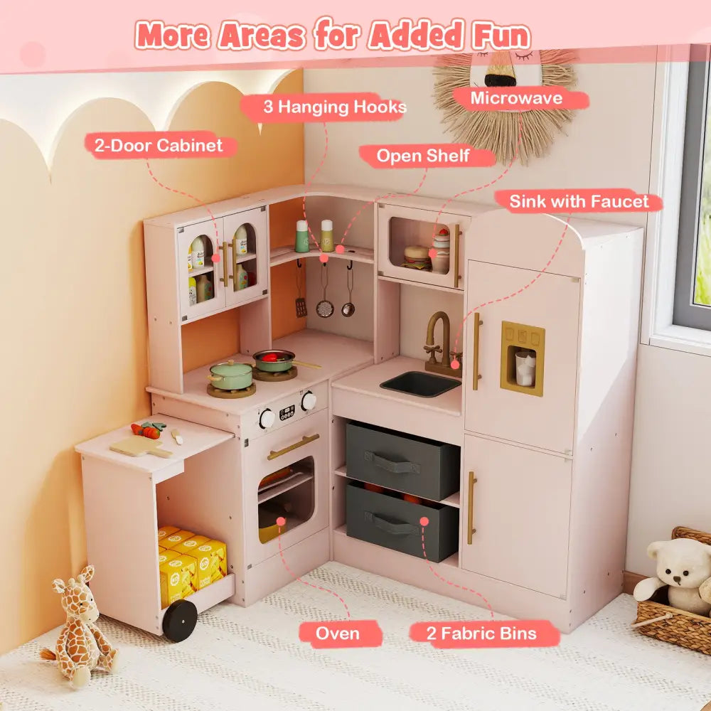 Corner Kitchen with Lights and Sounds for Kids Ages 3+-Pink - Pink - Play Kitchen Sets