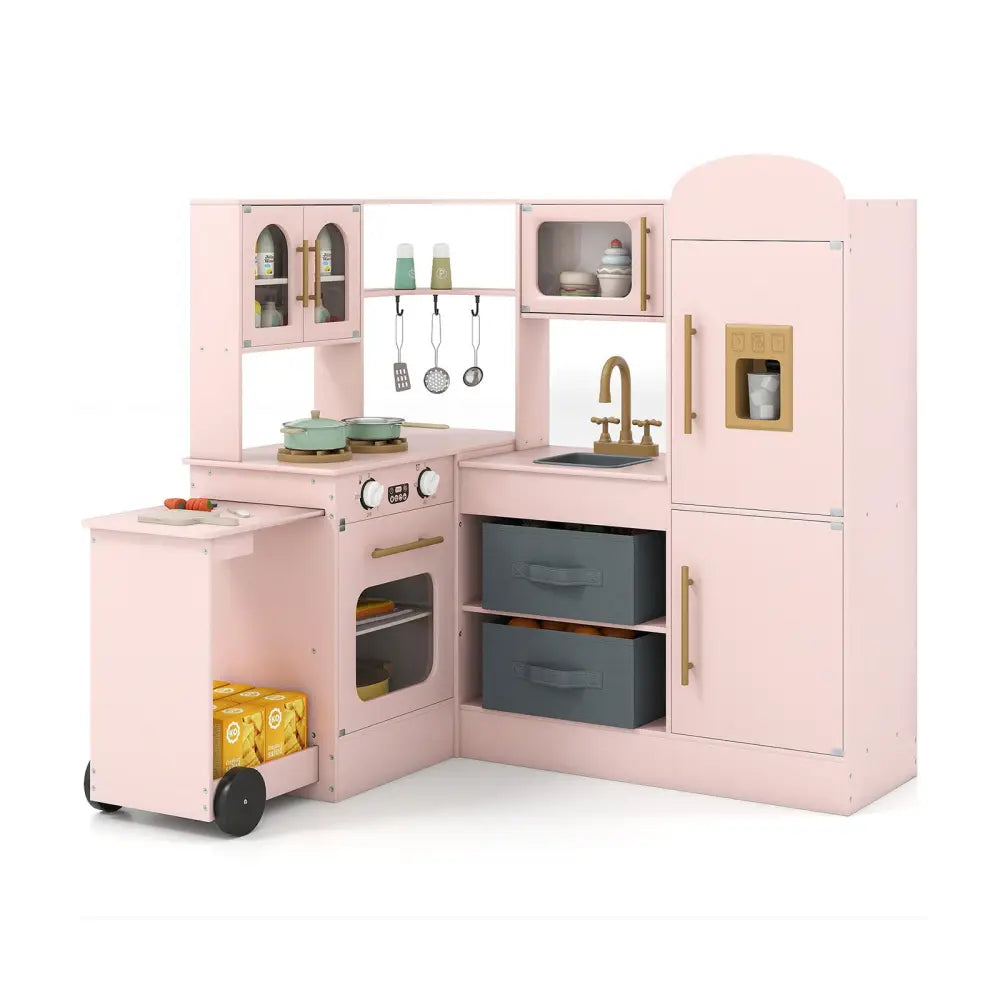 Corner Kitchen with Lights and Sounds for Kids Ages 3+-Pink - Pink - Play Kitchen Sets