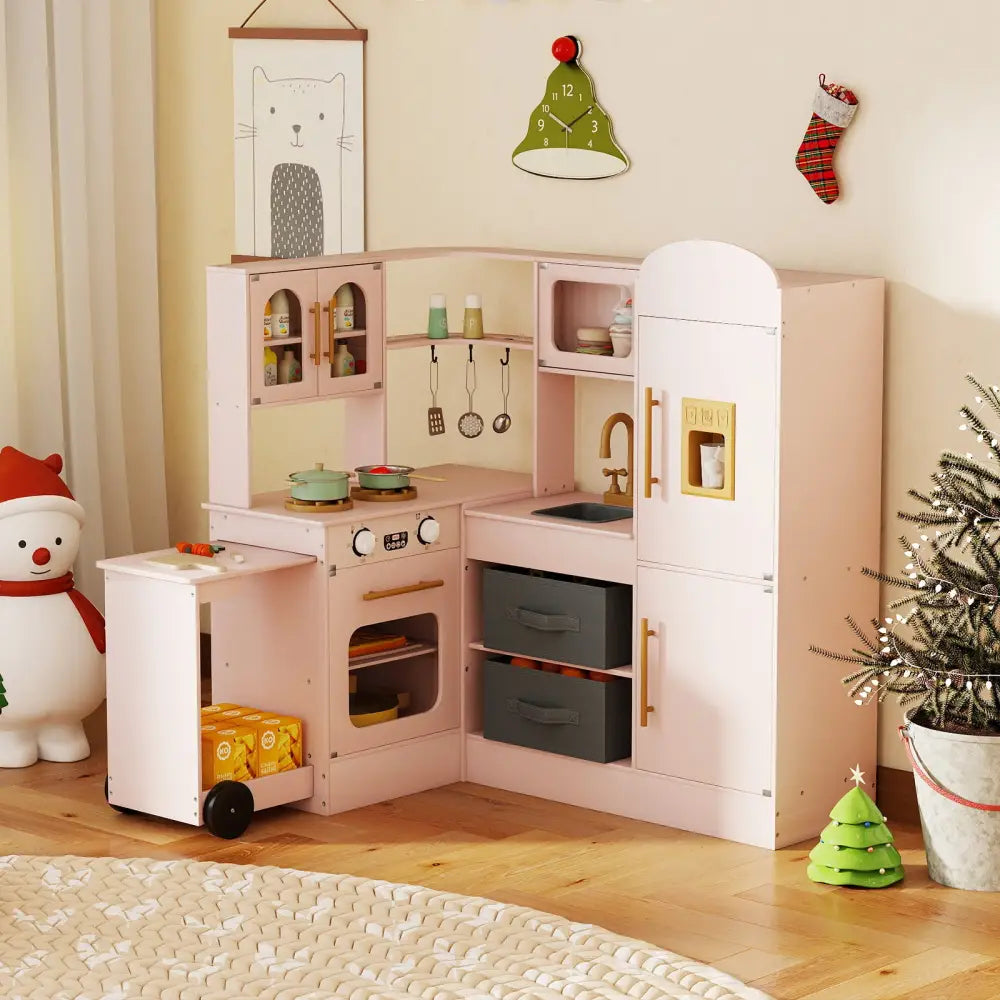 Corner Kitchen with Lights and Sounds for Kids Ages 3+-Pink - Pink - Play Kitchen Sets