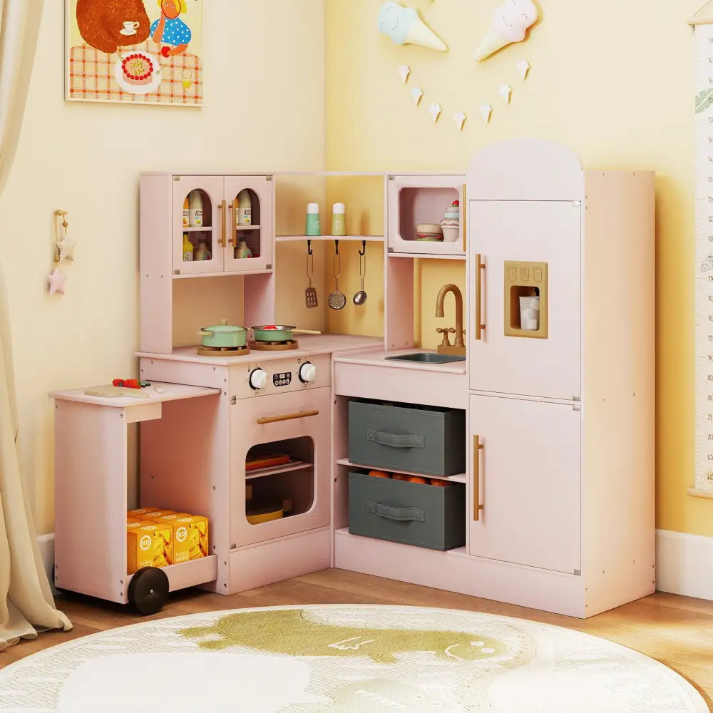 Corner Kitchen with Lights and Sounds for Kids Ages 3+-Pink - Pink - Play Kitchen Sets