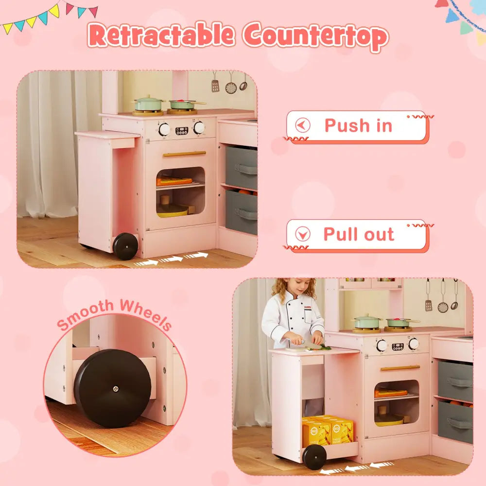Corner Kitchen with Lights and Sounds for Kids Ages 3+-Pink - Pink - Play Kitchen Sets