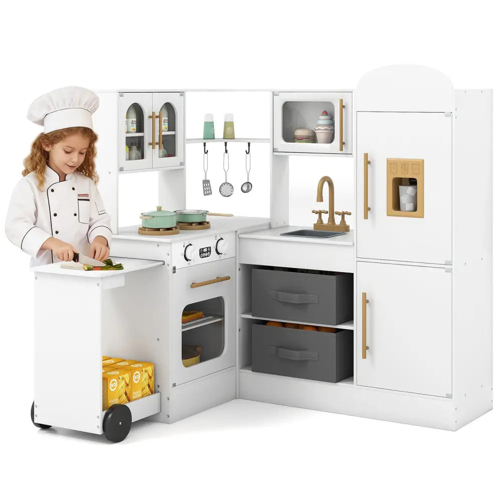 Corner Kitchen with Lights and Sounds for Kids Ages 3+-White - White - Play Kitchen Sets