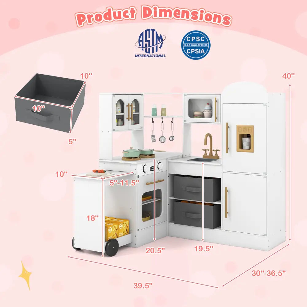 Corner Kitchen with Lights and Sounds for Kids Ages 3+-White - White - Play Kitchen Sets