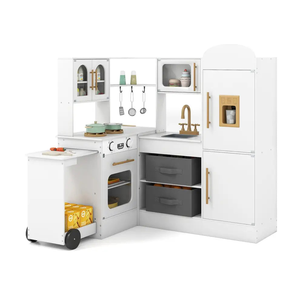 Corner Kitchen with Lights and Sounds for Kids Ages 3+-White - White - Play Kitchen Sets