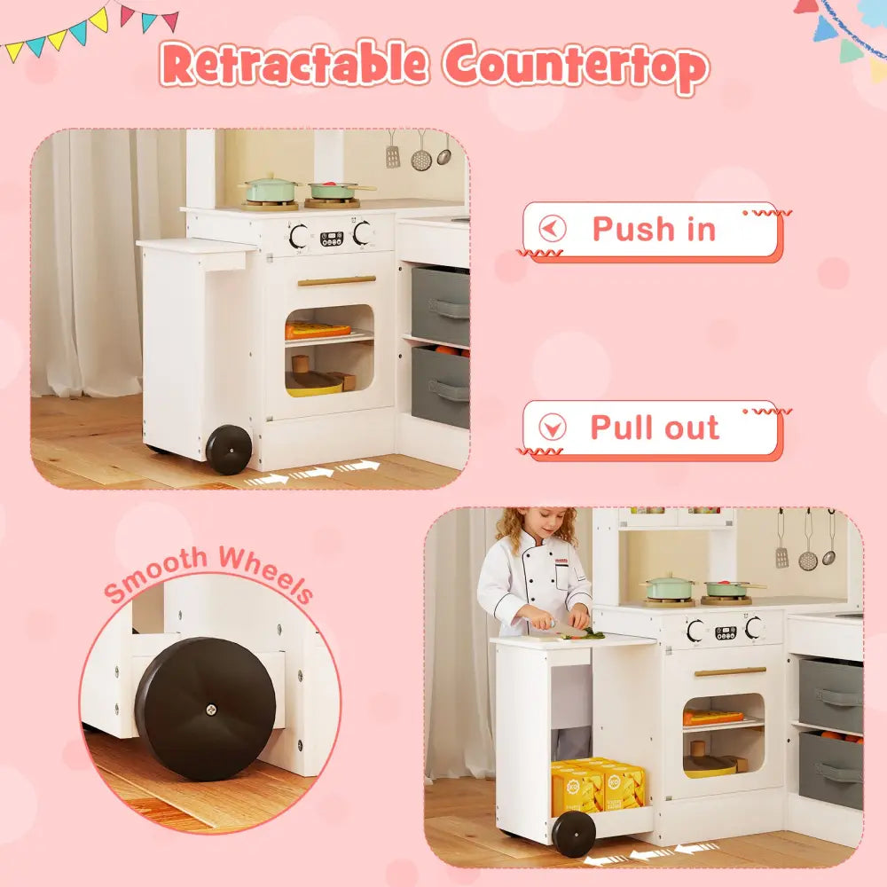 Corner Kitchen with Lights and Sounds for Kids Ages 3+-White - White - Play Kitchen Sets