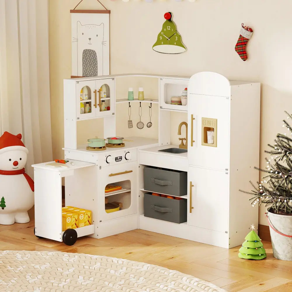 Corner Kitchen with Lights and Sounds for Kids Ages 3+-White - White - Play Kitchen Sets