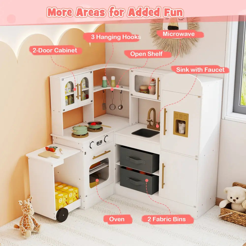 Corner Kitchen with Lights and Sounds for Kids Ages 3+-White - White - Play Kitchen Sets