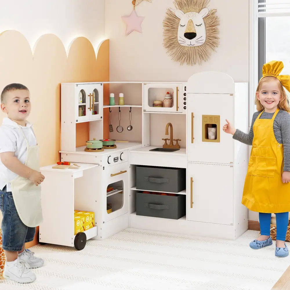 Corner Kitchen with Lights and Sounds for Kids Ages 3+-White - White - Play Kitchen Sets