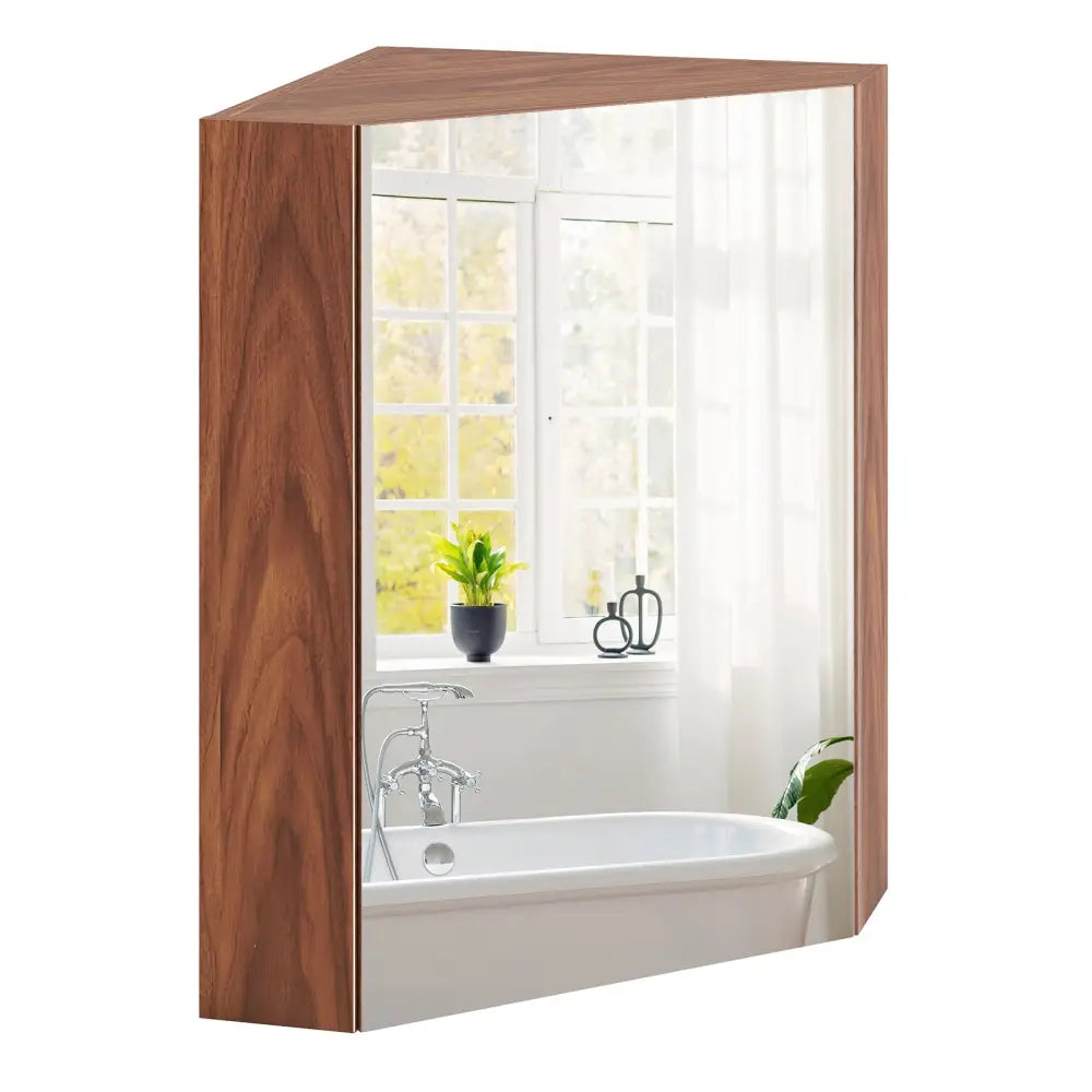 Corner Medicine Cabinet with Mirror with Open Mirror Door and Adjustable Shelf-Brown - Brown - Wall Cabinets