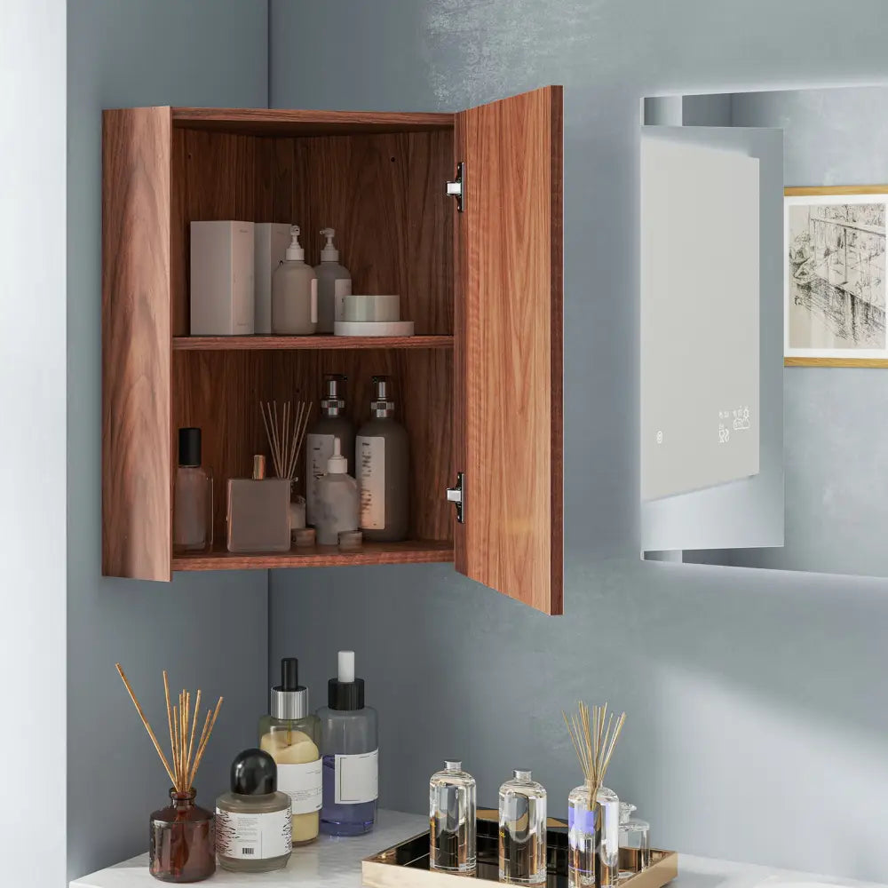Corner Medicine Cabinet with Mirror with Open Mirror Door and Adjustable Shelf-Brown - Brown - Wall Cabinets