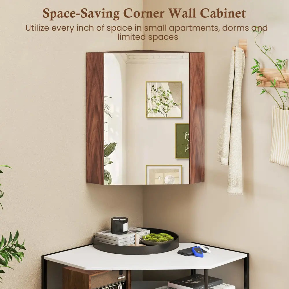 Corner Medicine Cabinet with Mirror with Open Mirror Door and Adjustable Shelf-Brown - Brown - Wall Cabinets
