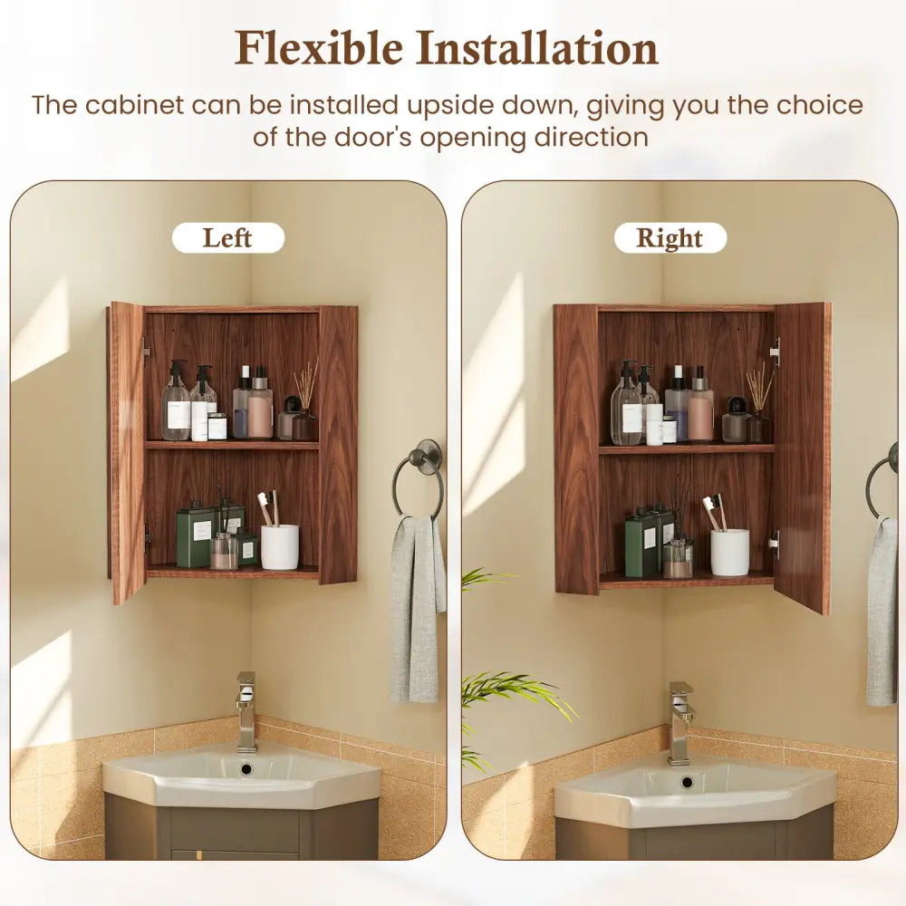 Corner Medicine Cabinet with Mirror with Open Mirror Door and Adjustable Shelf-Brown - Brown - Wall Cabinets