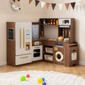 Corner Play Kitchen with Lights and Sounds for Ages 3+-Brown - Brown - Play Kitchen Sets