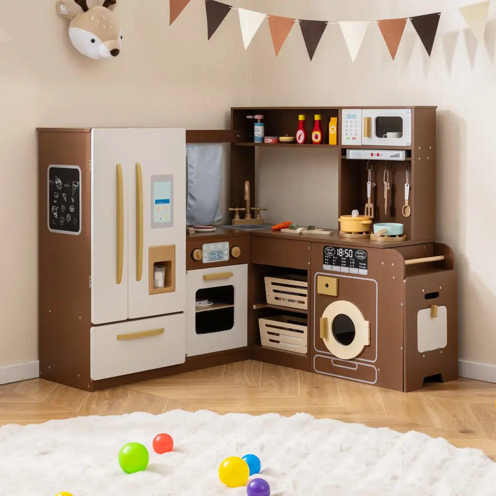 Corner Play Kitchen with Lights and Sounds for Ages 3+-Brown - Brown - Play Kitchen Sets