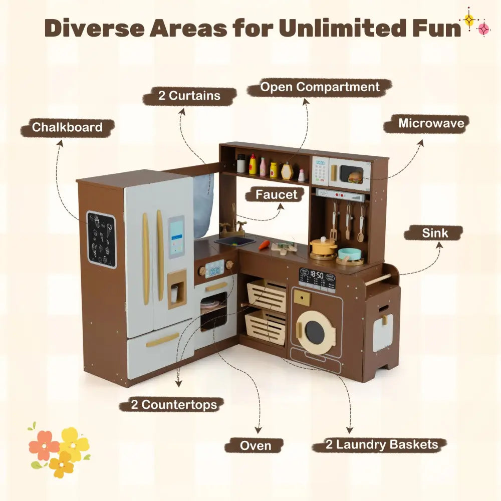 Corner Play Kitchen with Lights and Sounds for Ages 3+-Brown - Brown - Play Kitchen Sets