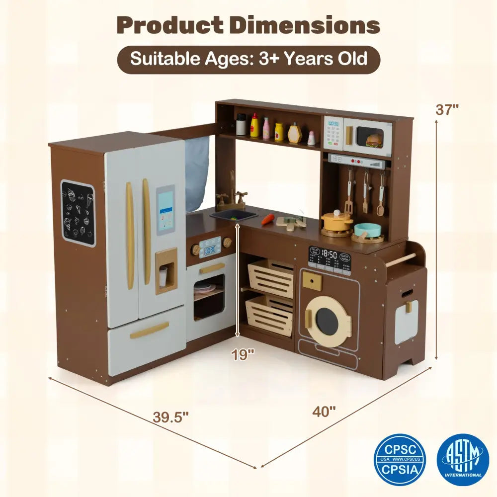 Corner Play Kitchen with Lights and Sounds for Ages 3+-Brown - Brown - Play Kitchen Sets