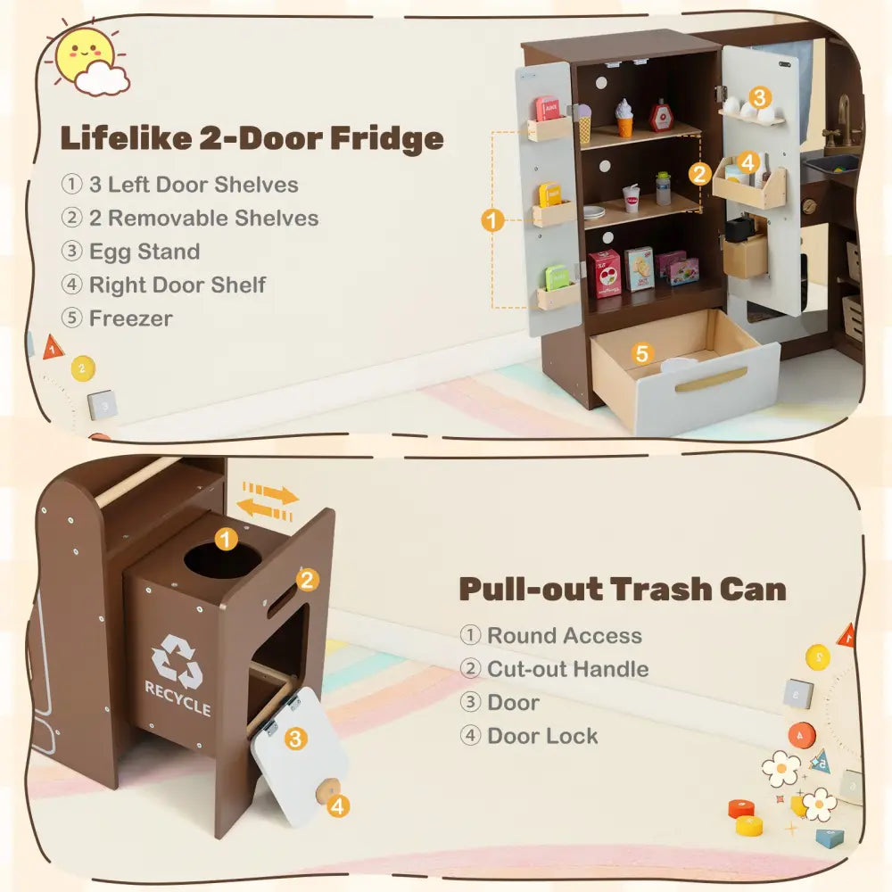 Corner Play Kitchen with Lights and Sounds for Ages 3+-Brown - Brown - Play Kitchen Sets