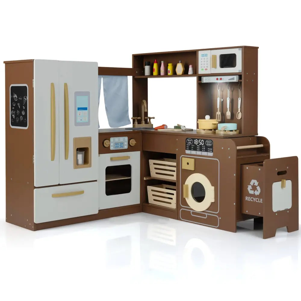 Corner Play Kitchen with Lights and Sounds for Ages 3+-Brown - Brown - Play Kitchen Sets