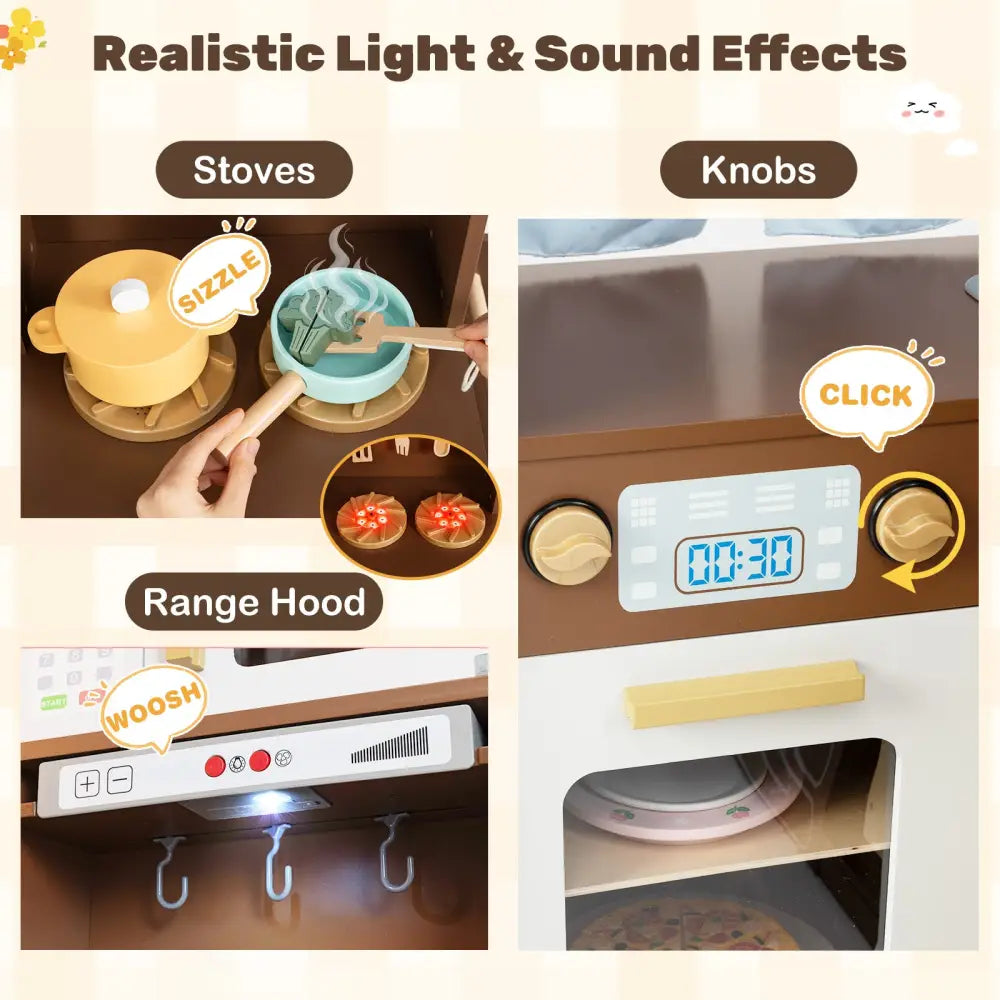 Corner Play Kitchen with Lights and Sounds for Ages 3+-Brown - Brown - Play Kitchen Sets