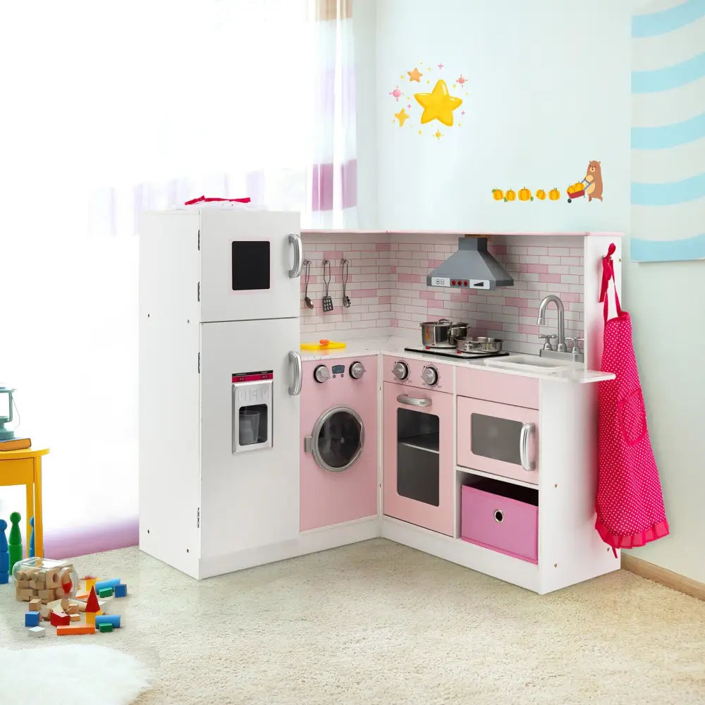 Corner Play Kitchen Wooden Toy Set with Sound and Light - Pink - Play Kitchen Sets