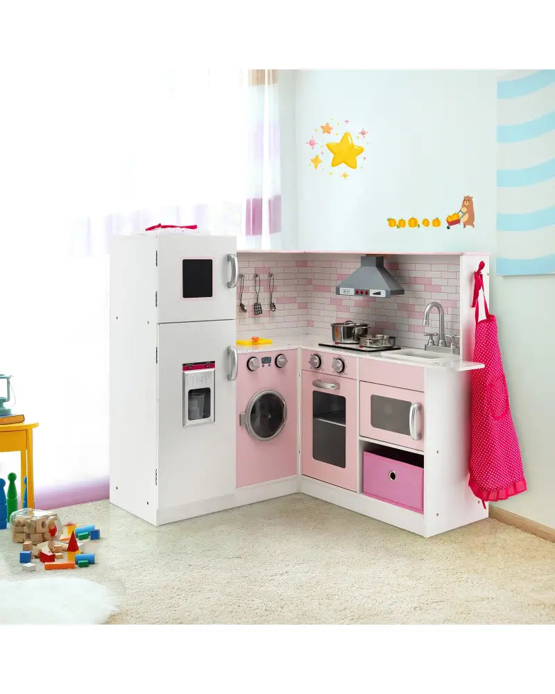 Corner Play Kitchen Wooden Toy Set with Sound and Light - Pink - Play Kitchen Sets