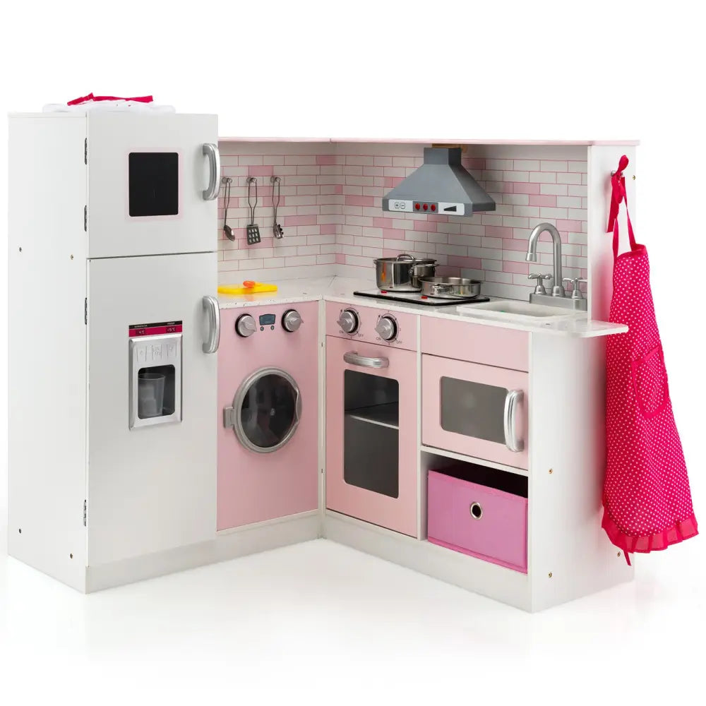 Corner Play Kitchen Wooden Toy Set with Sound and Light - Pink - Play Kitchen Sets
