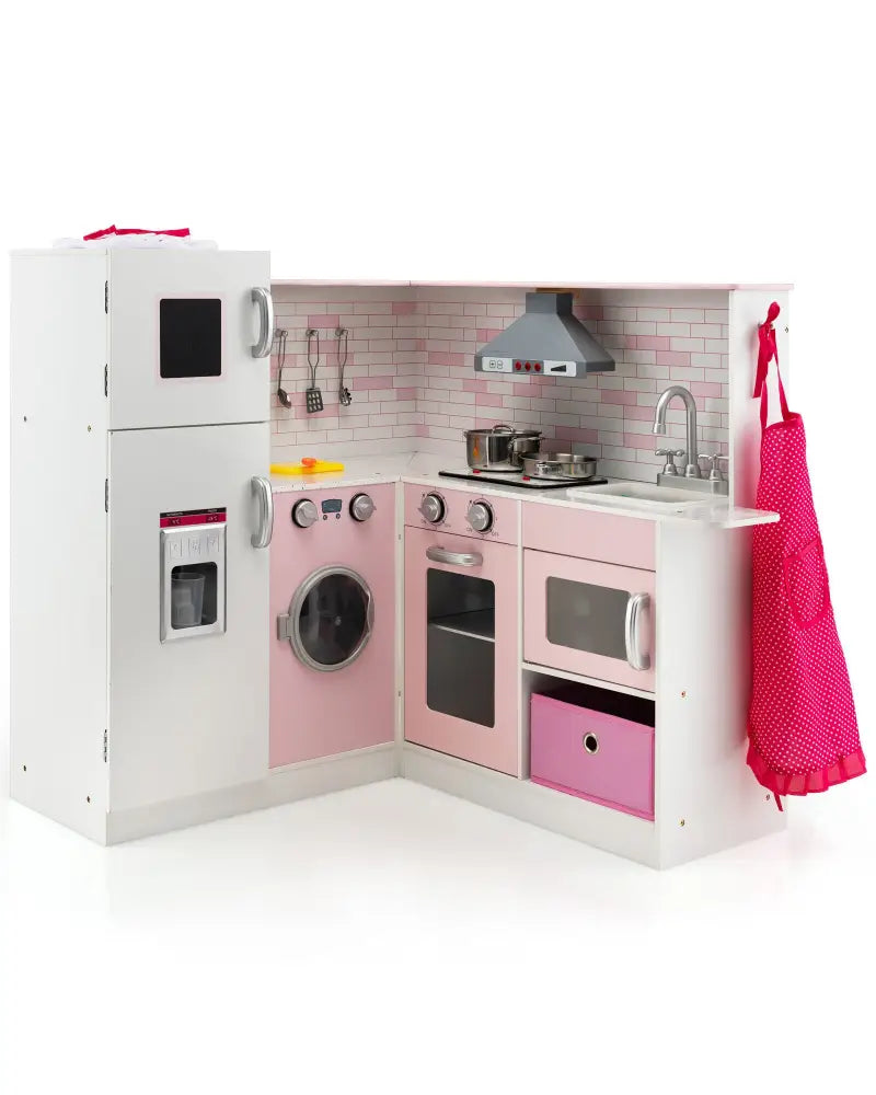 Corner Play Kitchen Wooden Toy Set with Sound and Light - Pink - Play Kitchen Sets
