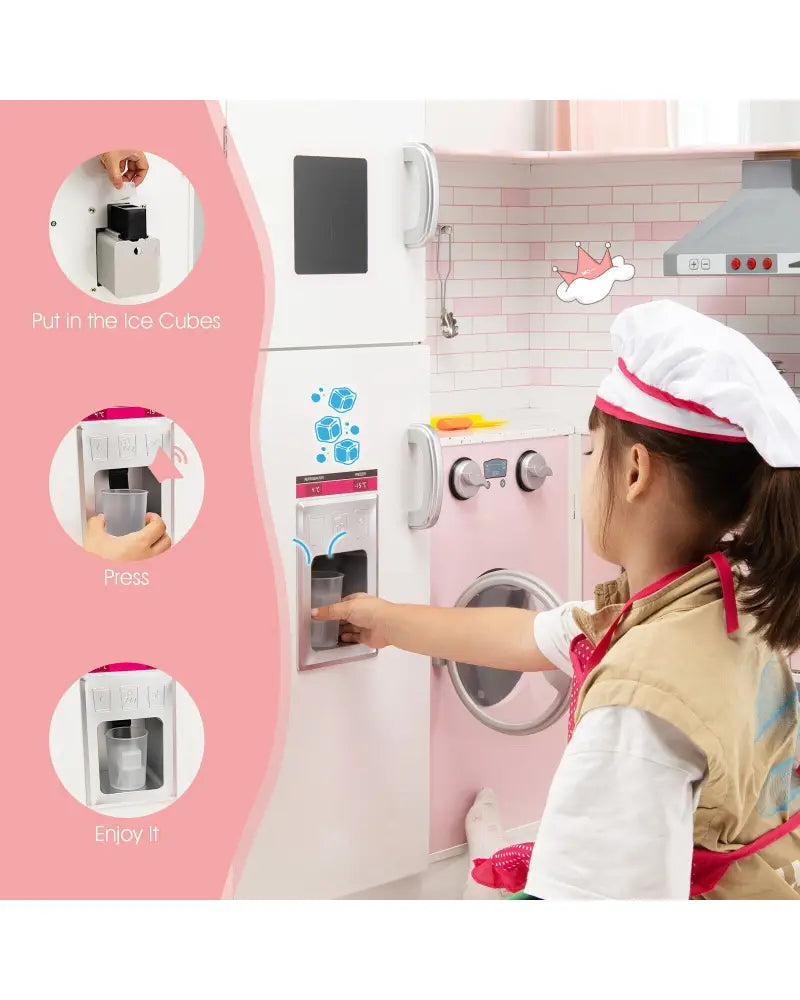 Corner Play Kitchen Wooden Toy Set with Sound and Light - Pink - Play Kitchen Sets