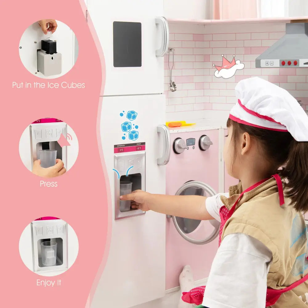 Corner Play Kitchen Wooden Toy Set with Sound and Light - Pink - Play Kitchen Sets