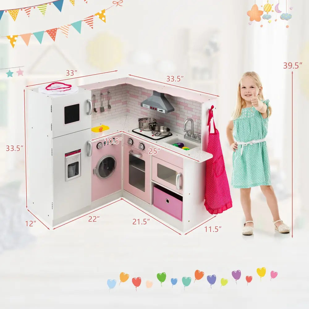 Corner Play Kitchen Wooden Toy Set with Sound and Light - Pink - Play Kitchen Sets