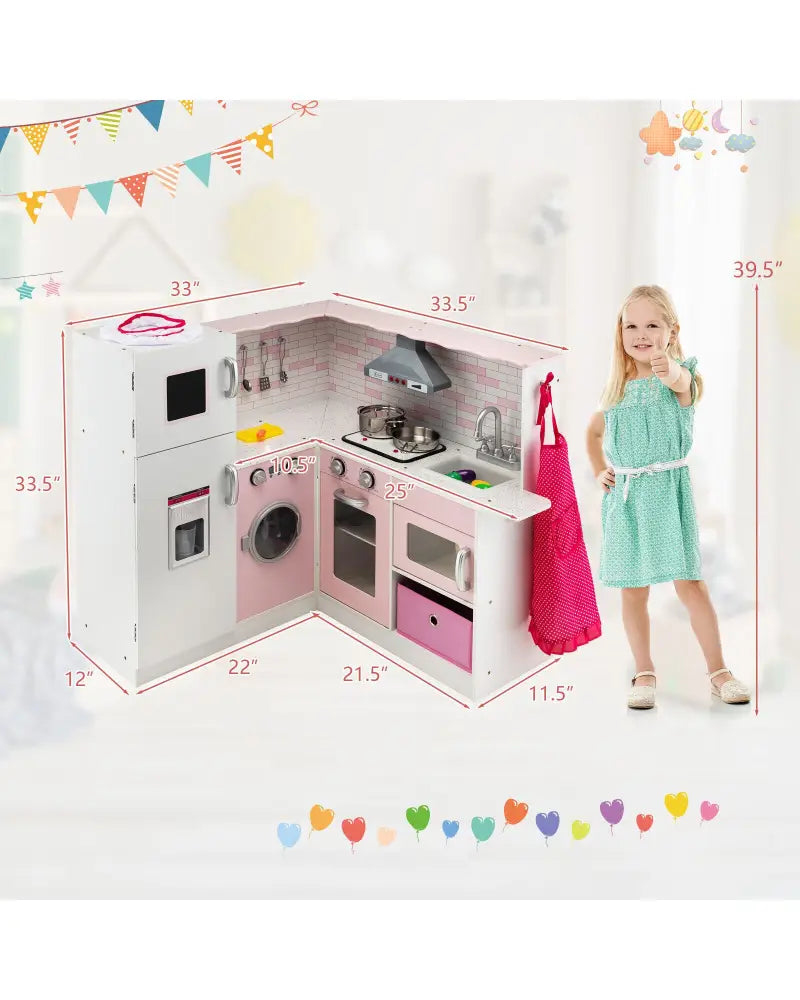 Corner Play Kitchen Wooden Toy Set with Sound and Light - Pink - Play Kitchen Sets