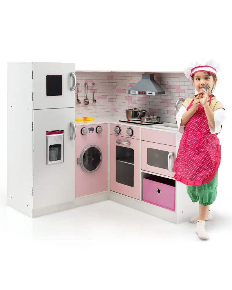 Corner Play Kitchen Wooden Toy Set with Sound and Light - Pink - Play Kitchen Sets