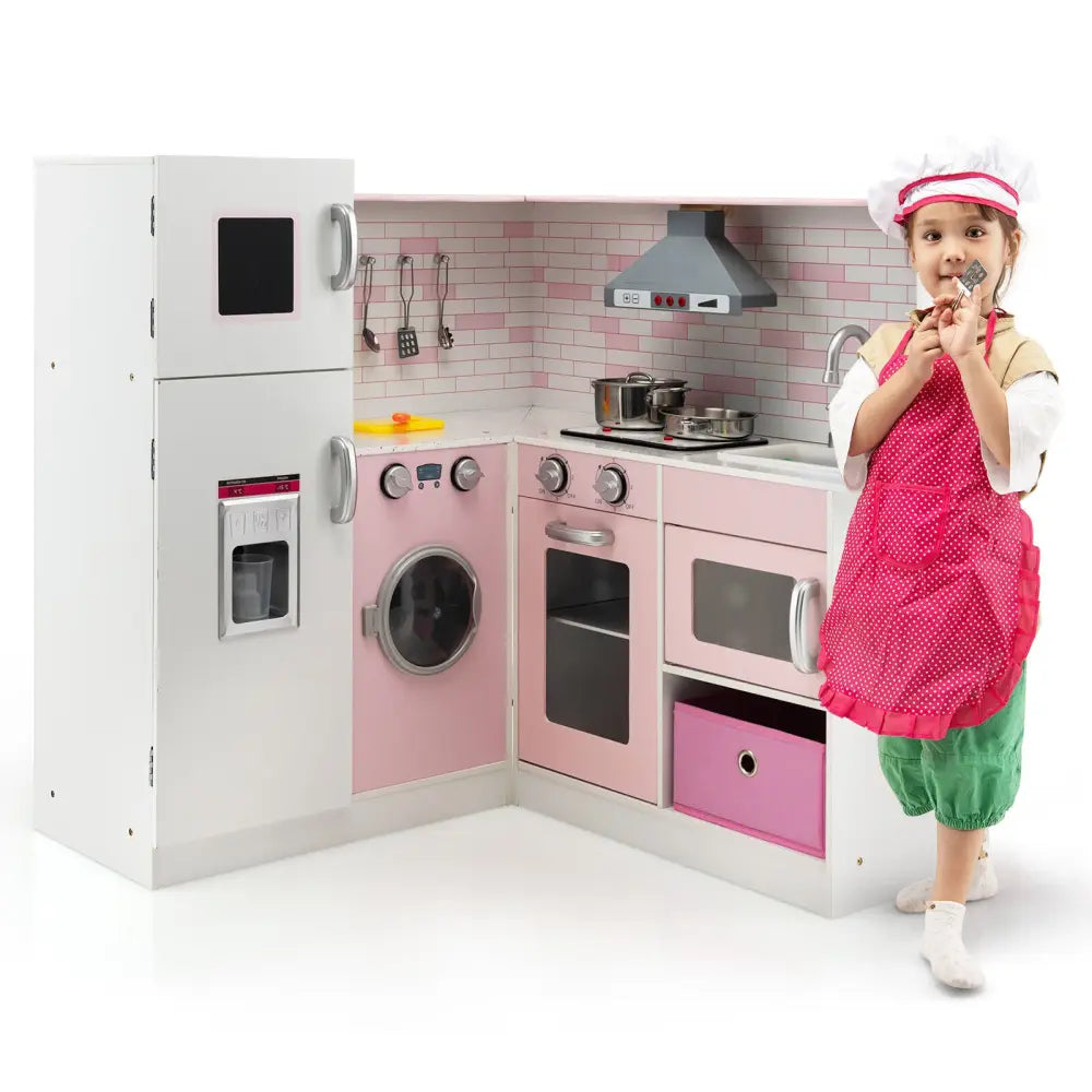 Corner Play Kitchen Wooden Toy Set with Sound and Light - Pink - Play Kitchen Sets